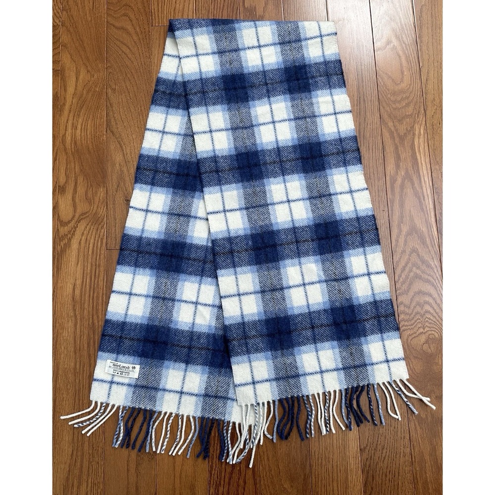 John Hanly Irish Wool Scarf 100% Lambswool Blue Plaid Tartan Made in Ireland
